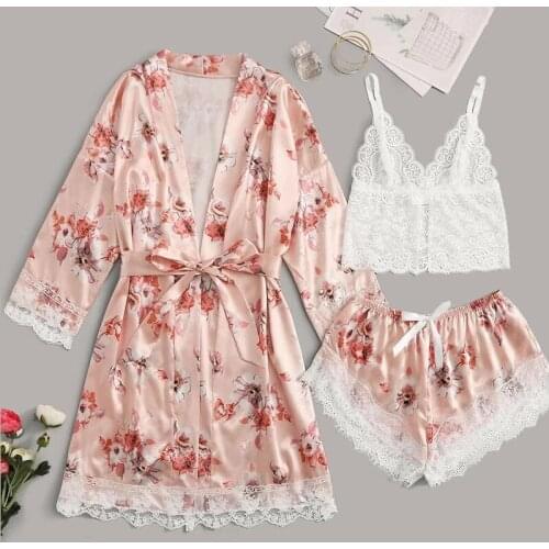 3PC Women Sexy Lingerie Sleepwear Lace Satin Sleepwear Lingerie Camisole Bow Trousers Pajamas Sleep Wear пижама пижамы Girls