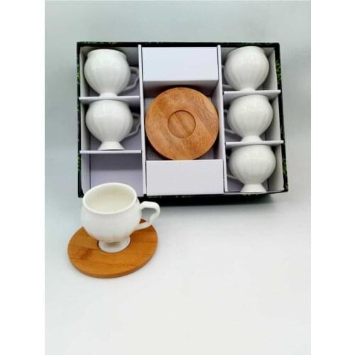 White Porcelain Bamboo Dish Footed Coffee Cup Pad Set