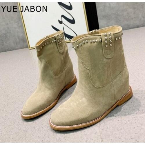 High top Retro Boots for women suede flat /Height Increasing shoes rivets decor ankle botas Elegant autumn winter short boots