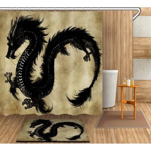 Retro Black Dragon Shower Curtain with Mat Set Waterproof Bathroom Mildew Resistant Polyester Fabric For Artistic Bathtub Decor