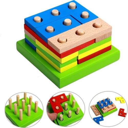 Kids Wooden Building Blocks Geometric Shape Wooden Puzzle Game Toys Color Cognition Early Learning Educational Toys For Children