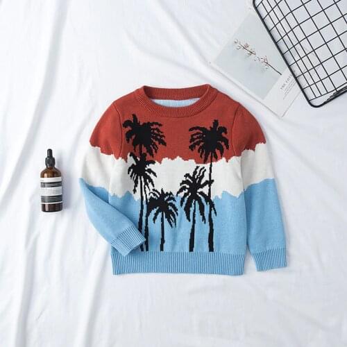 INS Cotton Baby Boys Girls Pullover Sweater Coconut Tree Pattern Knitted Autumn Winter Children Clothes Long Sleeve Kids Tops
