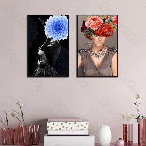 Modern Style Canvas Painting Posters a Mystery Woman and an Elegant Woman Both Wearing Flowers Headdress for Home Rooms Decorati