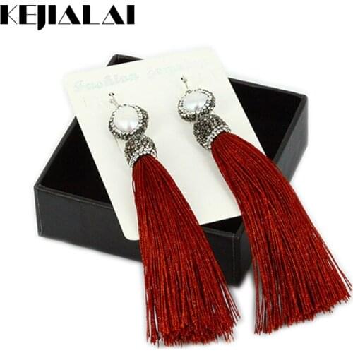 Kejialai 2018 Fashion Tassel Long Earrings Pearl Charm Pave Rhinestone Fringe Bohemian Jewelry Women Wedding Best Gifts NS-043