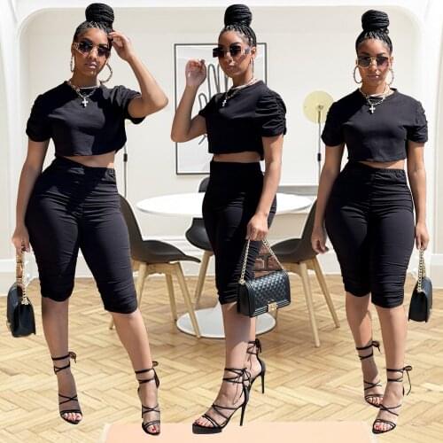 2 Two Piece Set Women Ribbed O Neck Crop Top Pants Set Sexy Autumn Short Sleeve Tracksuit Women Conjunto Feminino 2021