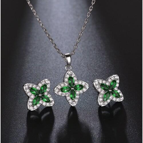11.11 Sale Brand Green Cubic Zircon Luxury Jewellery Set for Women Fashion Clover Design Necklace and Stud Earrings Ladies Gift