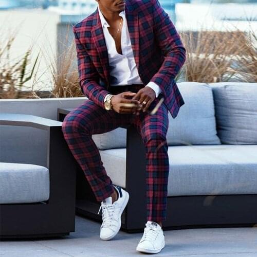 Fashion Suits for Men Burgundy Spring and Autumn Men Suits Blazers Smart Casual Single-breasted Back Split Plaid Men Suits