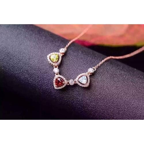 Natural Multicolor garnet topaz crystal Necklace natural gemstone Pendant Necklace S925 silver Fashion Triangle three Jewelry
