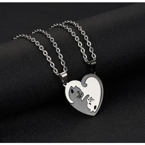 Animal Pendant Black White Cat Stitching Necklace Simple Friendship Gift Heart Shape Gold White Cat Cute Couple Jewelry Necklace