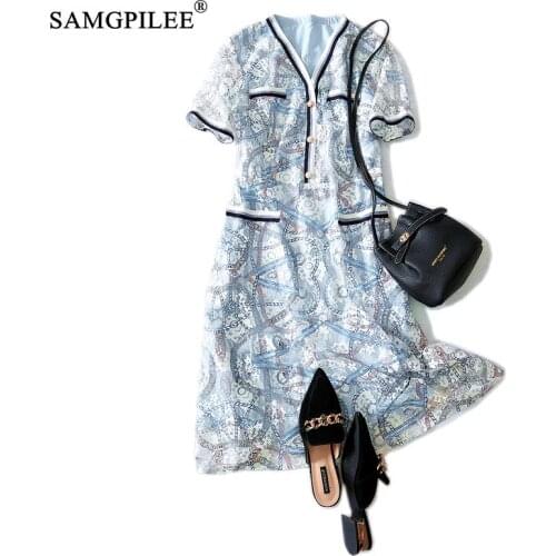 Womens dress 2021 new korean style Casual A-line Print Short Sleeve Elegant Fashion Empire V-neck Summer Clothes For Women 4XL