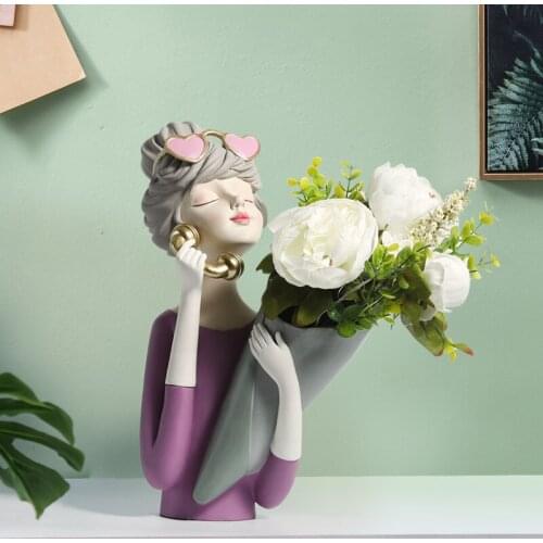 Nordic Cute Girl Vase Resin Ornaments Home Livingroom Desktop Flower Arrangement Dried Flower Pot Figurines Decoration Crafts