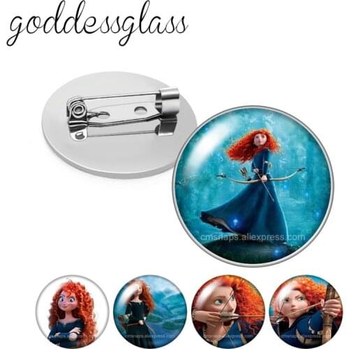 Disney Brave Princess Merida Round Glass cabochon Silver color Brooch Dome Photo Jewelry Brooches Pin For Gift