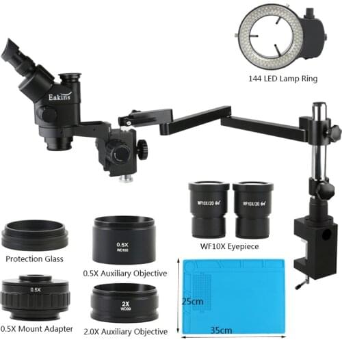 3.5X 7X 45X 90X Trinocular Stereo Microscope Articulating Arm Clamp Stand 144 Light For Phone PCB Solder Repair Inspection