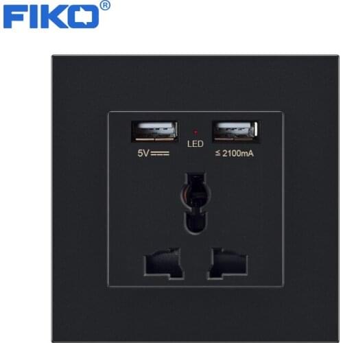 FIKO 3 pin universal power socket with USB,dual usb output 5V 2.1A Flame retardant PC panel 86mm*86mm white/black wall socket
