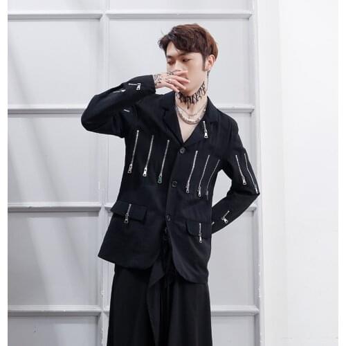 2021 spring hairstylist ruffian top suit mens fashion design sense personalized multi zipper decorative suit