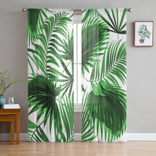 Plant Green Palm Leaf Print Sheer Window Panel Curtains Room for Living Room Bedroom Kitchen Room Chiffon Tulle Curtains