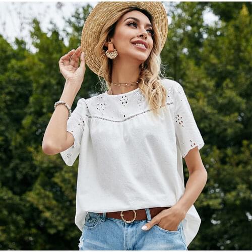 Hollow Out O-neck Womens 100% Cotton T-shirt Hook Flowers Solid Short Sleeve Female Tops 2021 Summer Casual Lady White T-shirt
