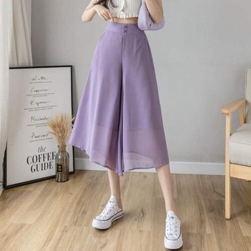 Women Summer Wide Leg Long Trousers Casual Vintage High Waist Chiffon Soft Causal Loose Bohemia Skirt Pants Capris Solid Street