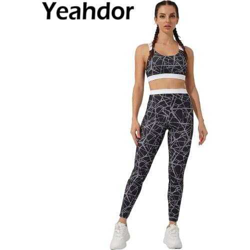 2021 Women Two-piece Sport Gym Fitness Outfit Sportwear Wide Shoulder Strap Removable Padded Cropped Tank Top with Leggings Set