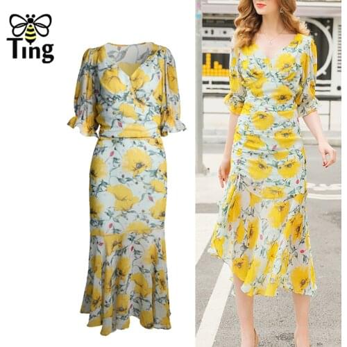 Tingfly Vintage Elegant Floral Summer Chiffon Cropped Tops & Sexy Bodycon Ruffles Skirts 2 Pieces Sets Women Dress Sets Outfits