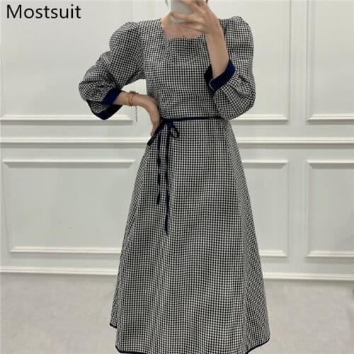 Korean Plaid Women Long Dress Spring Autumn Sashes Full Sleeve O-neck A-line Midi Dresses Vintage Elegant Female Vestidos 2021