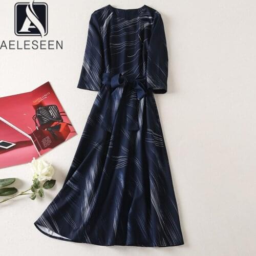 AELESEEN High Quality Autumn Winter Wiomen Elegant Dress 3/4 Sleeve Office Ladies Geometric Print Belt Long Party Dress