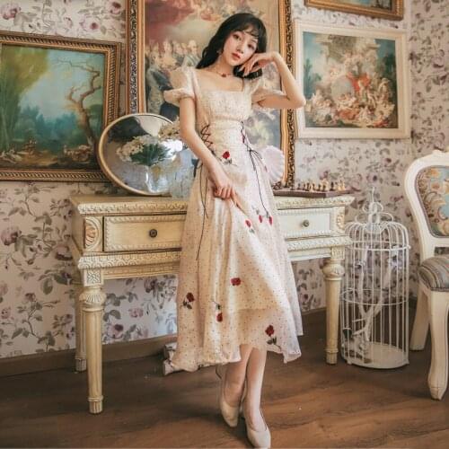 2021 New Fashion Vintage Runway Wave Point Rose Embroidered Summer Dress Womens Short Sleeved High Waist Lace-Up Dress