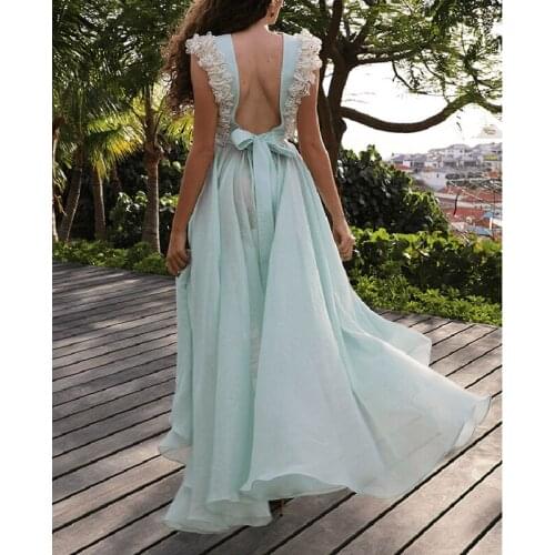 Women Fahion Chiffon Dress Sexy Double V Neck Sleeveless Dress Female Irregular Maxi Dresses New Arrival Lace Flo Dress