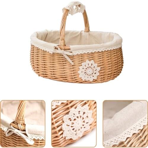 1 Pcs Picnic Wicker Basket Fruit Rattan Storage Box Snacks Tea Basket Willow And Cloth Wooden Storage Basket With Lid