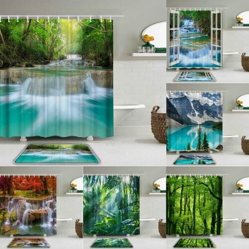 2Pcs/Set Forest landscape Bathroom Curtain Set Waterproof Fabric Shower Curtains with Hooks And Non-Slip Rug Toilet Bath Mat