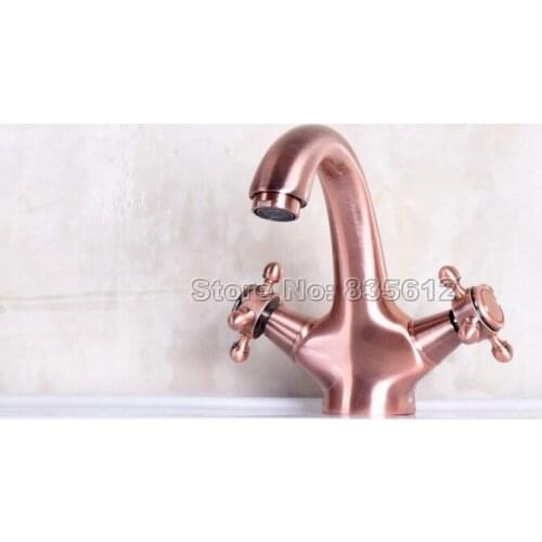 Antique Red Copper Dual Handles Bathroom Basin Mixer tap / Vessel Sink Faucet Gooseneck Style Wnf252