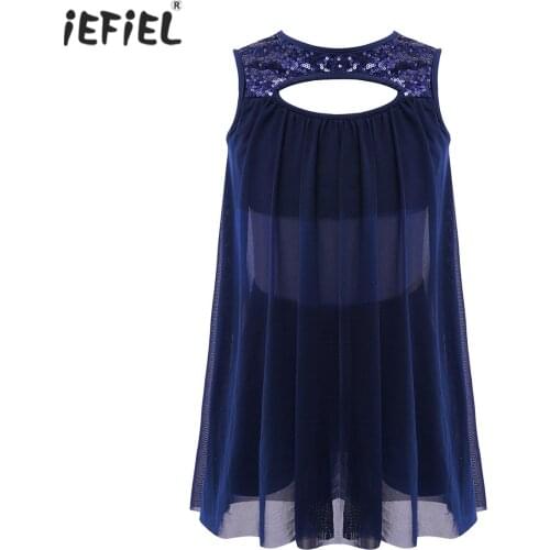 Ballet Dress Girls Kids See-through Mesh Chiffon Dance Wear Sleeveless Shiny Sequin Dress With Shorts Set Lyrical Dance Costumes