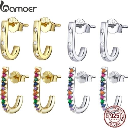 Bamoer Spanish Silver Rainbow Color Zircon Gold Color Simple Stud Earrings 925 Sterling Silver Ear Hoops Fashion Jewelry SCE1167