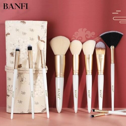 BANFI Elegant White Makeup Brushes Set Noble Cosmetic with Case 10 Pcs Powder Foundation Beginner Beauty Make Up Tools