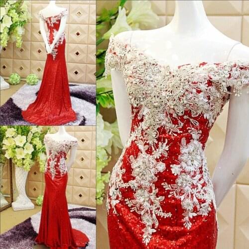 Sparky Red Sequined Evening Party Dresses 2017 off Shoulder Rhinestones Mermaid Prom Dress Special Occasion Formal Gowns Lace up