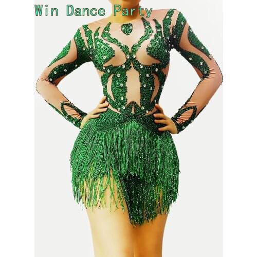 Women Cheersquard See through Modern Dance Birthday Personality O neck Sequined Skirt Fringed Latin Dance Costume