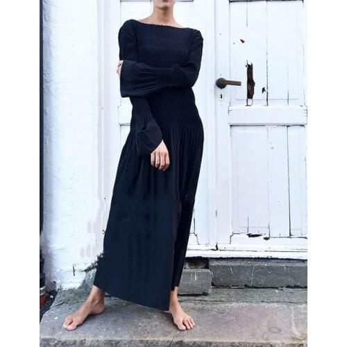 [ElfStyle] - Fanano dress camel / black ong sleeve maxi dress Pleated detail Long Sleeves Flared Cuffs Round Neck NEW