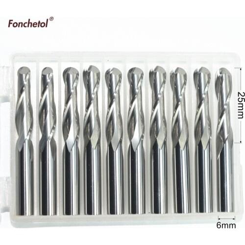 6mm*25mm,10pcs,Free shipping 2 Flutes Ball Head End Mill,CNC milling Cutter,Solid carbide Woodworking relief Bit,wood Cutter