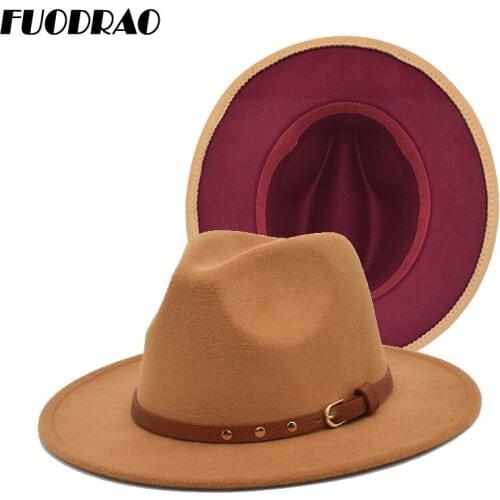 FUODRAO Black Red Patchwork Women Unisex Panama Wool Felt Fedora Hats Girl Wide Brim Party Trilby Cowboy Hat Fashion F147