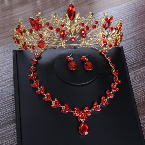 Baroque Vintage Gold Red Crystal Bridal Jewelry Sets Necklace Earrings Wedding African Beads Rhinestone Tiaras Crown Jewelry Set