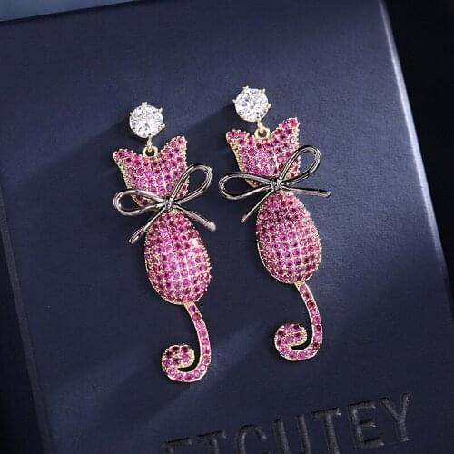 Korea Fashion Cute Cat Earrings Micro Pave Cubic Zirconia Trendy Wedding Jewelry Temperament Statement Animal Dangle
