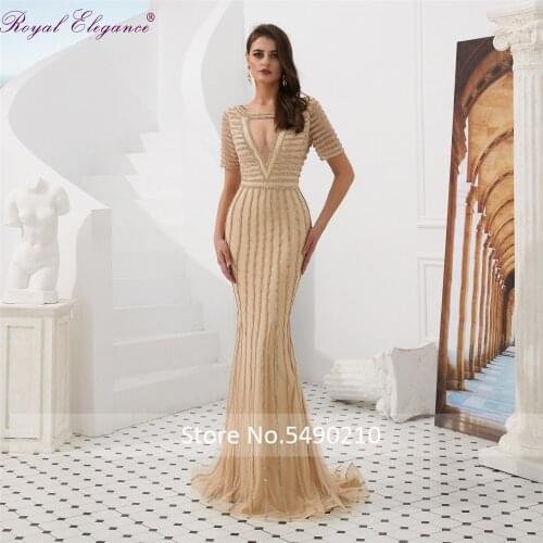 Royal Elegance Scoop Neckline Beaded Short Sleeve Mermaid robe soiré Evening Dress vestido de festa Prom dress