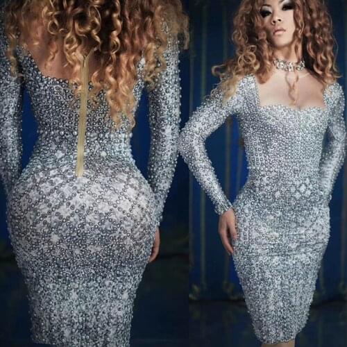 Fashion Gray Pearls Crystals Dress Sexy Women Birthday Celebration One Piece Dress Nightclub Singer Host Stage Skinny Dresses