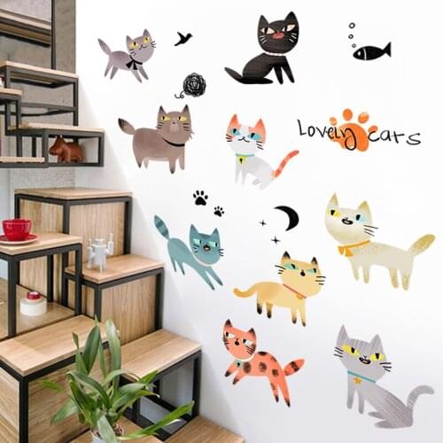Cartoon Cat Wall Stickers for Kids Room Bedroom Decor DIY Nursery Self-adhesive Wallpaper Room Decoration Creative Mural