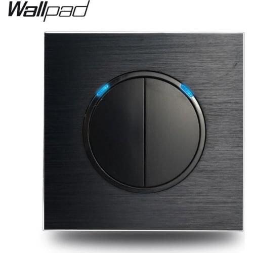 Wallpad L6 Satin Black Metal 2 Gang 2 Way Wall Light Random Click Push Button Switch Aluminum Plate With Blue LED Indicator