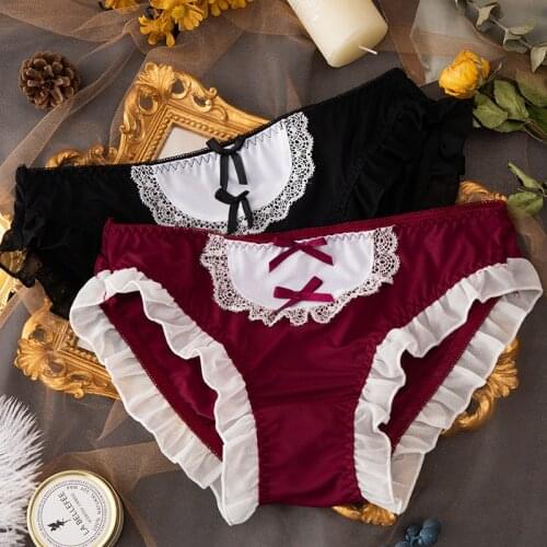 2021 New Product Ice Silk Low-waist Panties with Lace Edge Girl Maid Contrast Panties Breathable Cute Girl Ladies Panties
