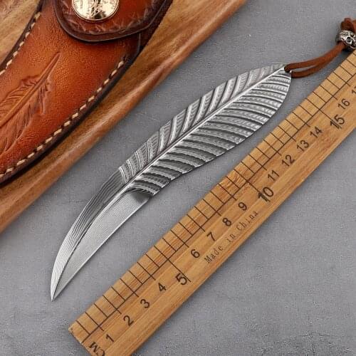 New Damascus steel karambit tactical outdoor hunting survival mini feather leaf fixed blade self-defense straight claw knife