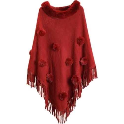 Hairy New Autumn Winter Womens Shawl Batwing Sleeve Faux Fur Collar Female Knitted Sweaters Tassel Lady Trendy Cloak Pullover