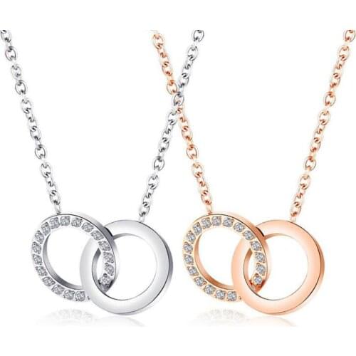 Stainless Steel Rose Gold Zircon Stone Pave Double Round Circle Pendant Necklace Women Ladies Jewelry Gift For Him