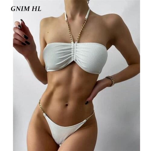 GNIM Sexy Chain Bikini Swimwear Women 2021 New Solid White 2 Pieces Bandage Brazilian Swimsuit Female Micro Bathing Suit Biquini